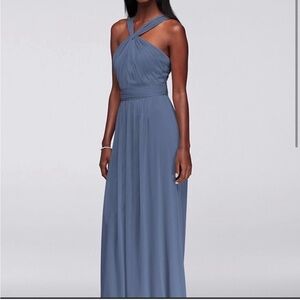 Steel Blue David’s Bridal Bridesmaid Mesh Halter Dress